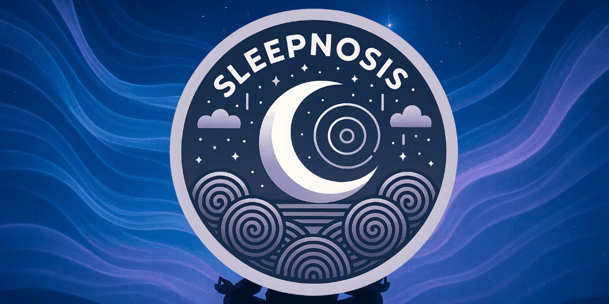 Sleepnosis logo with crescent moon and hypnotic waves symbolizing deep sleep and relaxation through hypnosis.