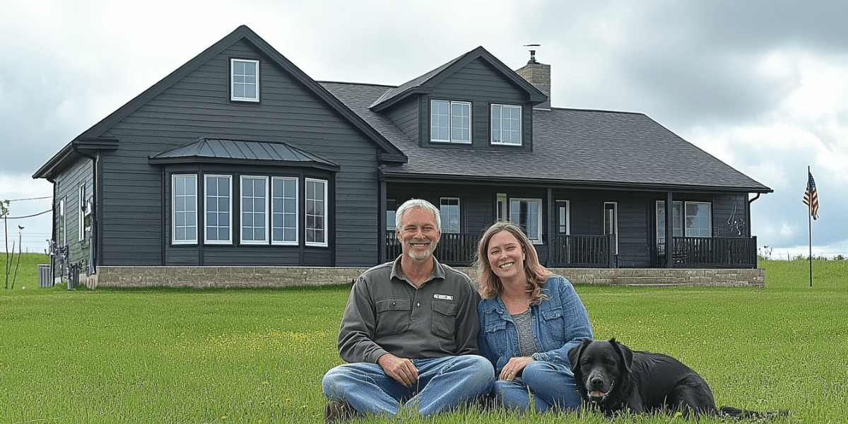 Image of a couple and their dog sitting in front of a beautiful home, symbolizing a cozy family life.