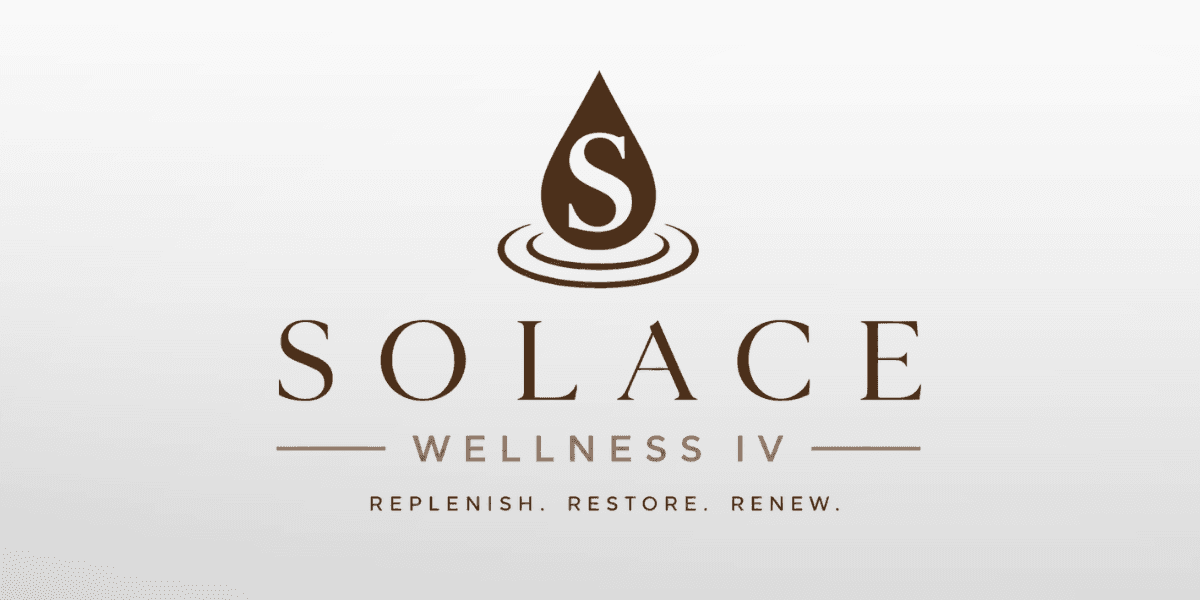 Solace Wellness IV logo with a stylized water droplet and the tagline "Replenish. Restore. Renew."