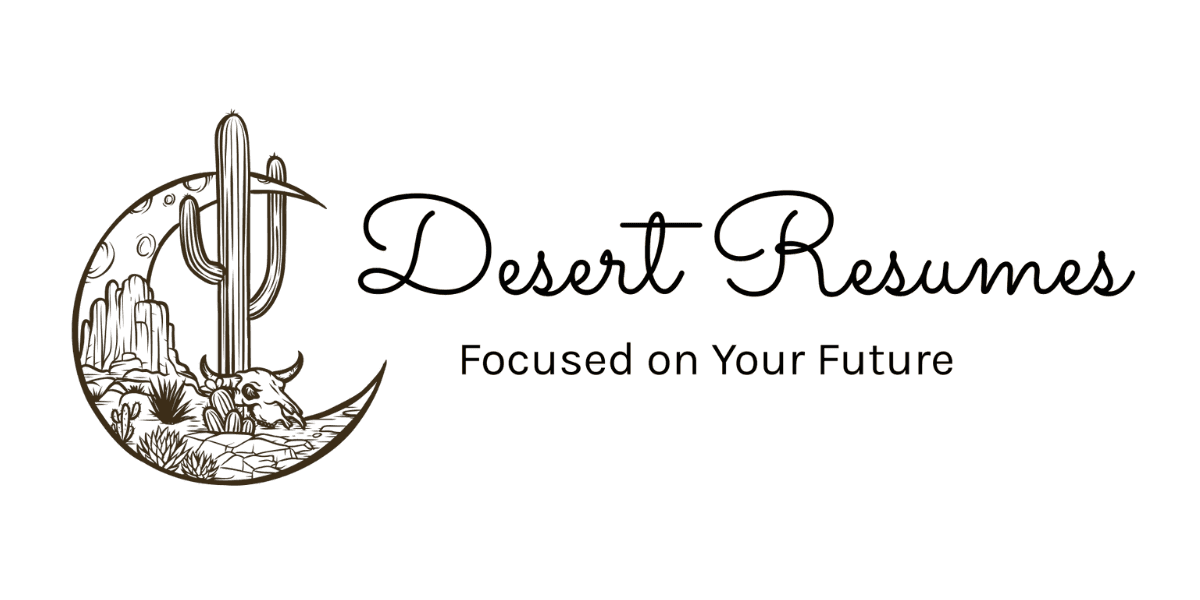 Logo for Desert Resumes featuring a desert scene inside a crescent moon with cactus and cattle skull.