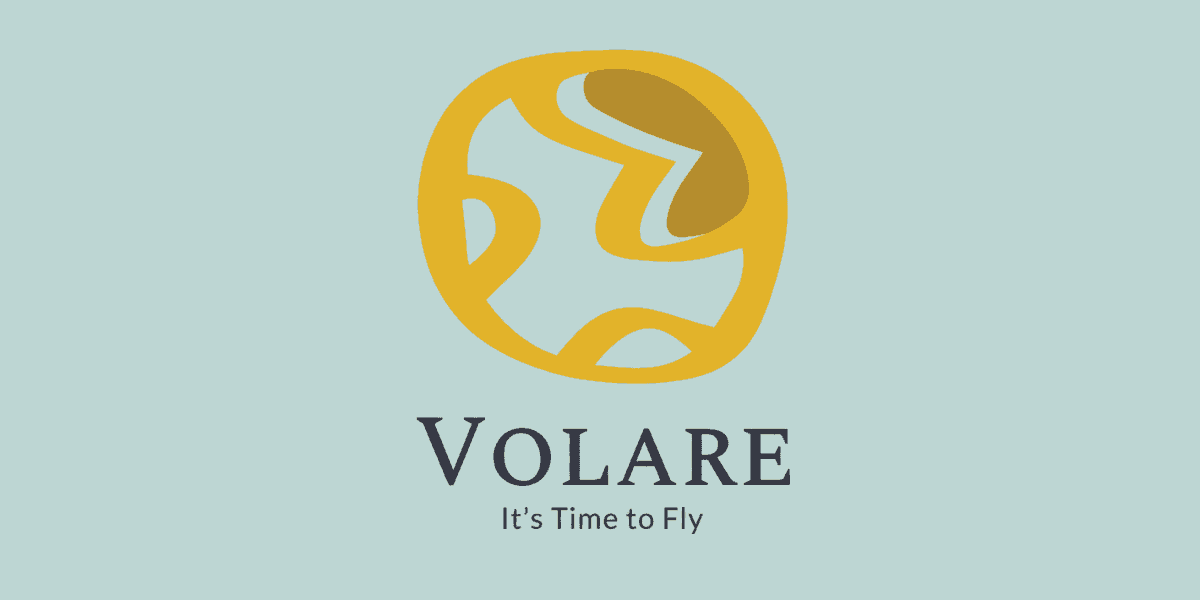 Volare logo with a gold abstract emblem, brand name, and “It’s Time to Fly” tagline.