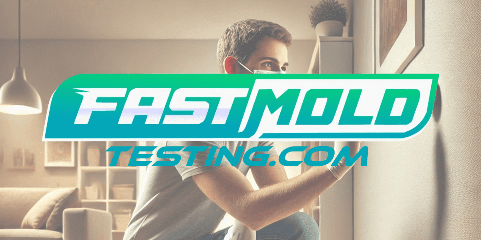 a person inspecting mold in a home, with the "FastMoldTesting.com" logo overlaid, reflecting mold inspection services.