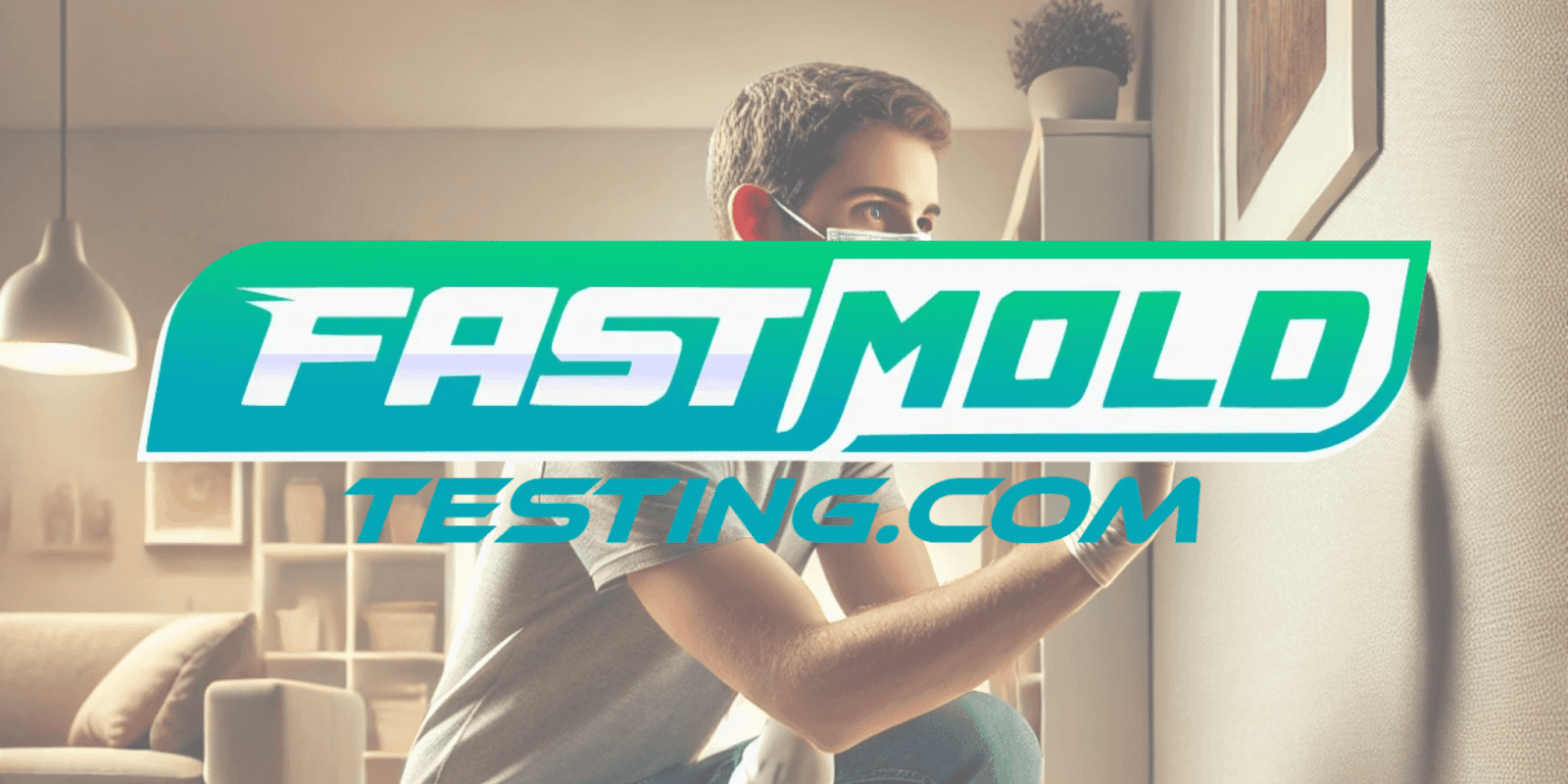 a person inspecting mold in a home, with the "FastMoldTesting.com" logo overlaid, reflecting mold inspection services.