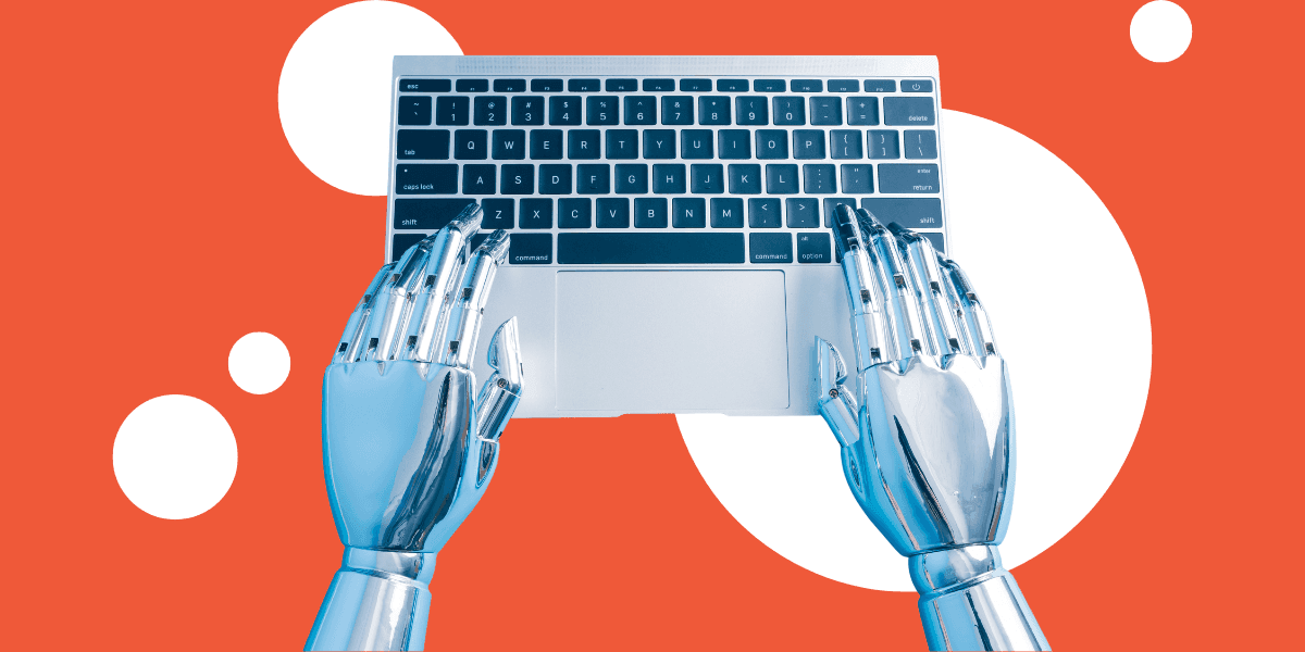 Robotic hands typing on laptop keyboard against abstract orange and white background.