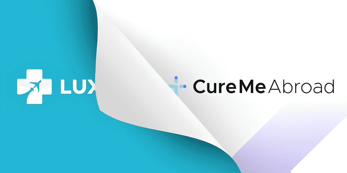 Brand transition graphic displaying LuxMedCare and CureMeAbroad logos separated by a page-turn design.