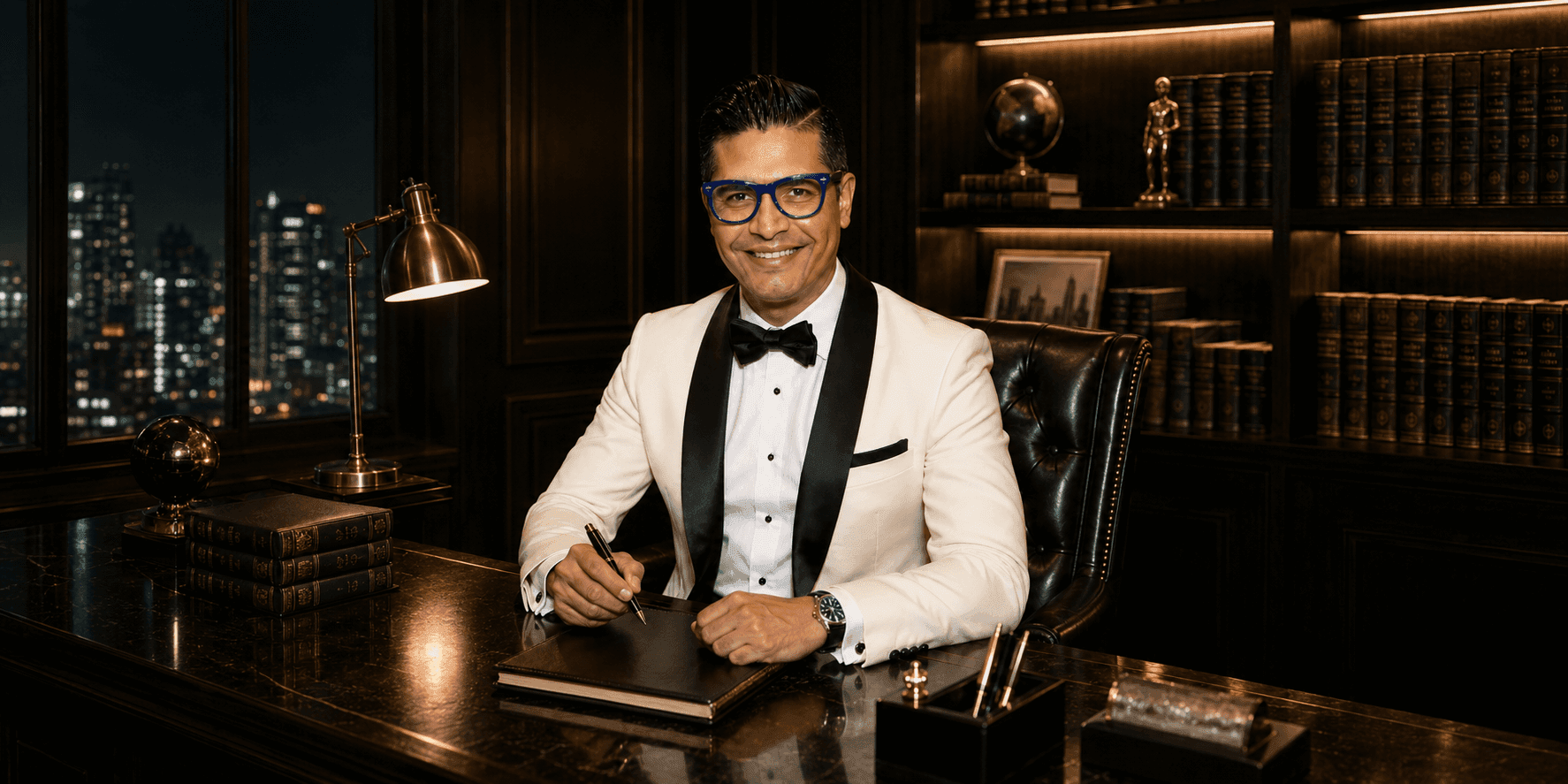 Carlos Camargo seated behind a desk in a white tuxedo jacket, holding a pen beside books.