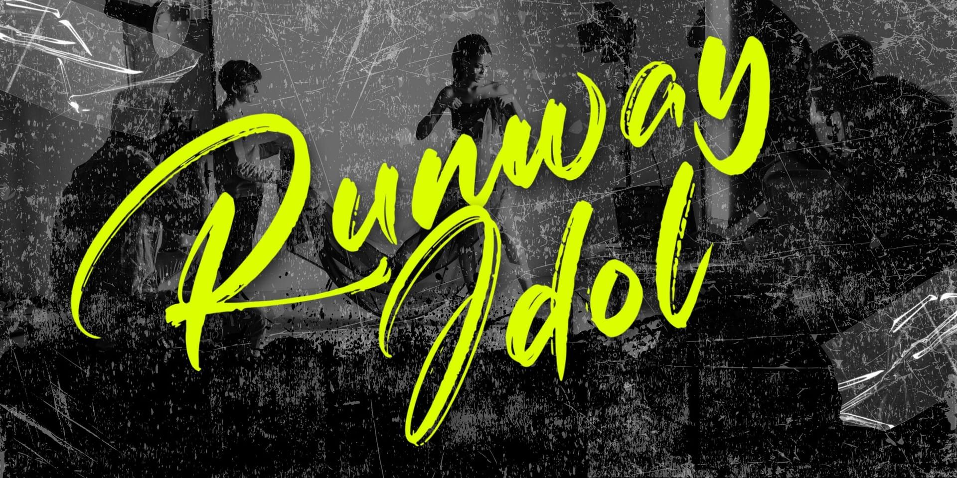 Runway Idol branding in neon yellow over a black-and-white behind-the-scenes fashion shoot.