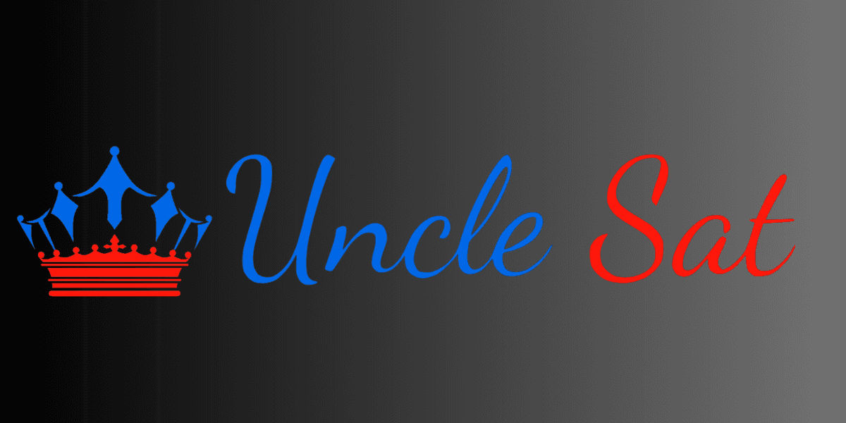 Uncle Sat logo with a red crown symbol and blue cursive font spelling 'Uncle Sat', reflecting a modern and stylish brand identity.
