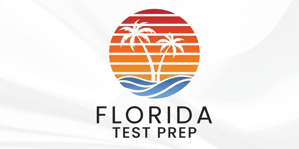 Florida Test Prep logo featuring palm trees, a sunset, and ocean waves on a white background.