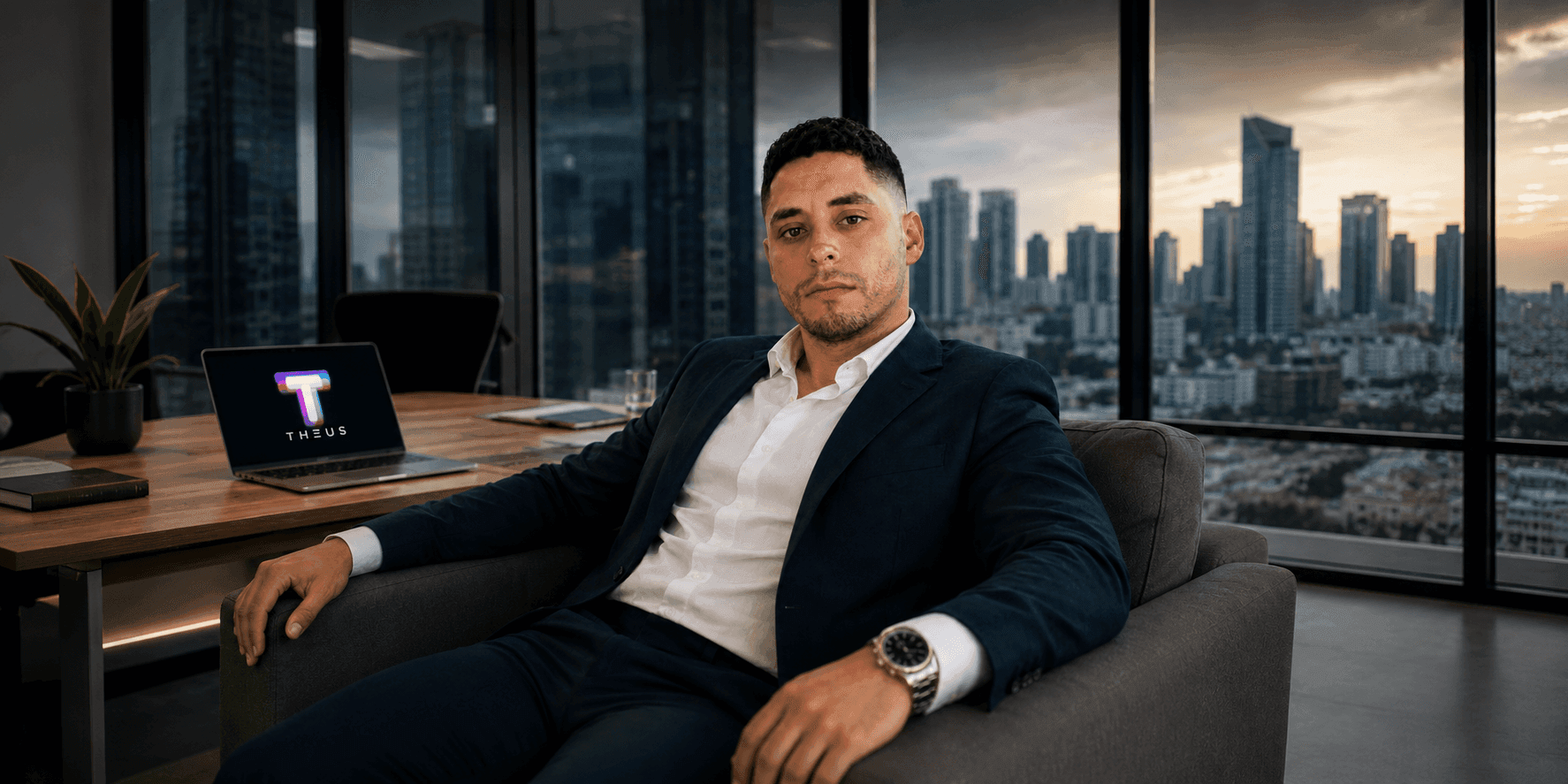 Mariano Suquilanda Gallo seated in a modern office with a laptop displaying the Theus logo.