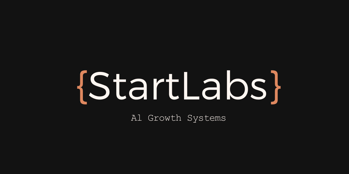 StartLabs logo with curly braces and tagline “AI Growth Systems” on black background.