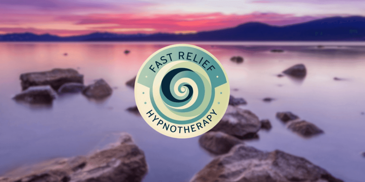 "Fast Relief Hypnotherapy logo over a peaceful landscape, representing personalized hypnosis services focused on stress reduction and empowerment in Virginia."