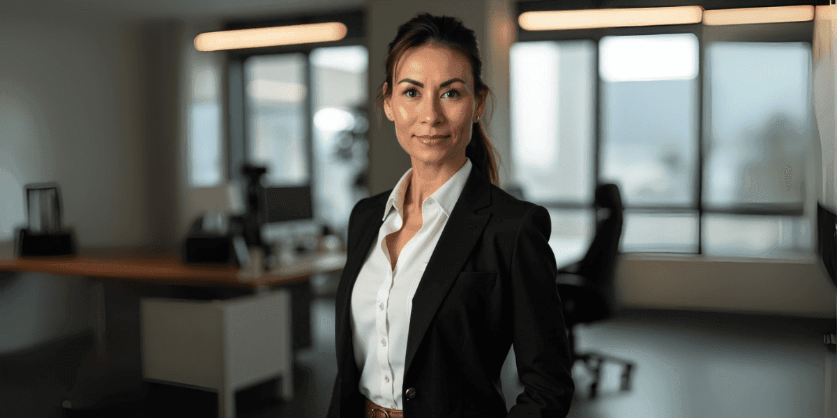 Cassandra Pristas, CEO of Emerald Cyber Solutions, stands confidently in a modern office setting.