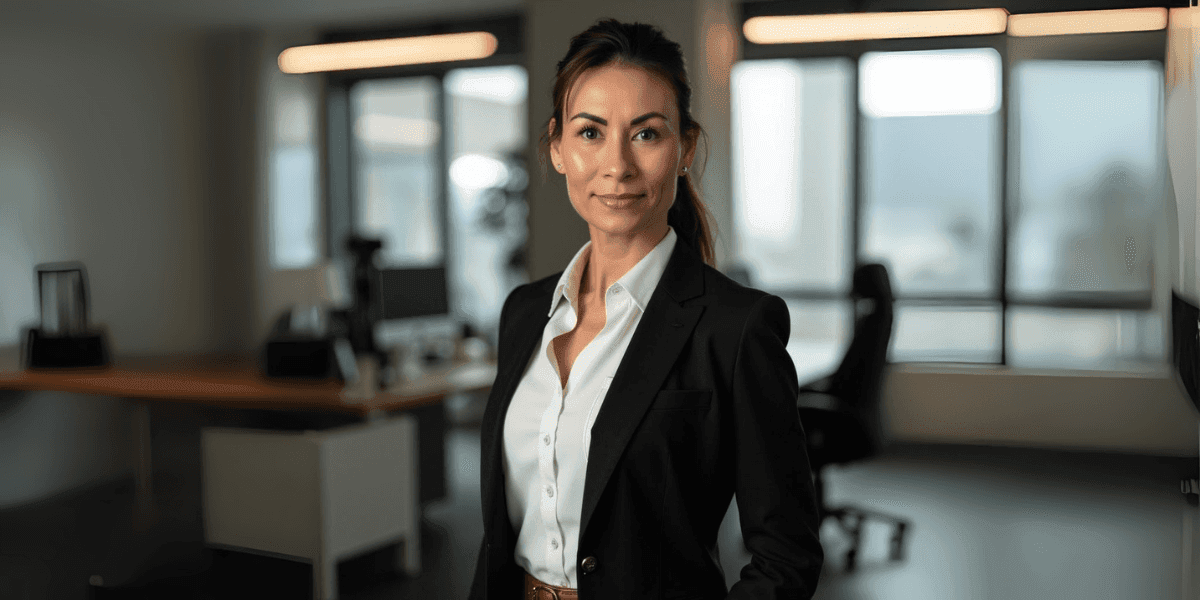 Cassandra Pristas, CEO of Emerald Cyber Solutions, stands confidently in a modern office setting.