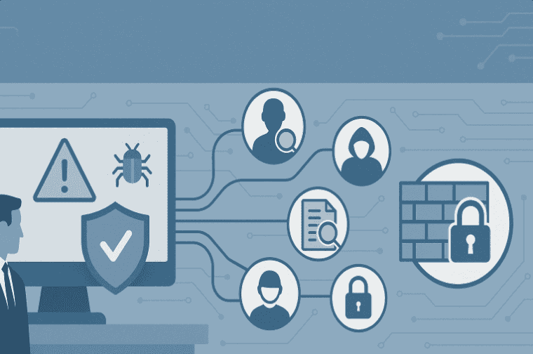 Illustration depicting cybersecurity, with a computer displaying a security warning and various icons representing users, documents, and a firewall with a lock, symbolizing protection against cyber threats.
