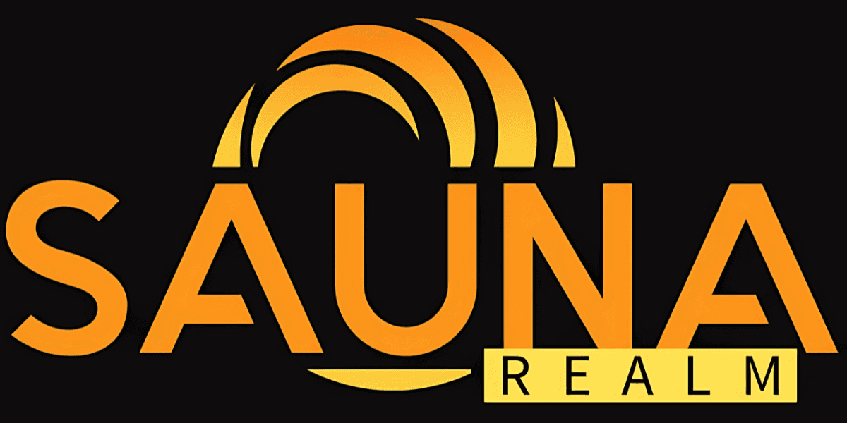 "SAUNA REALM logo in orange and yellow with a sun-like arc above the text, symbolizing warmth and relaxation."