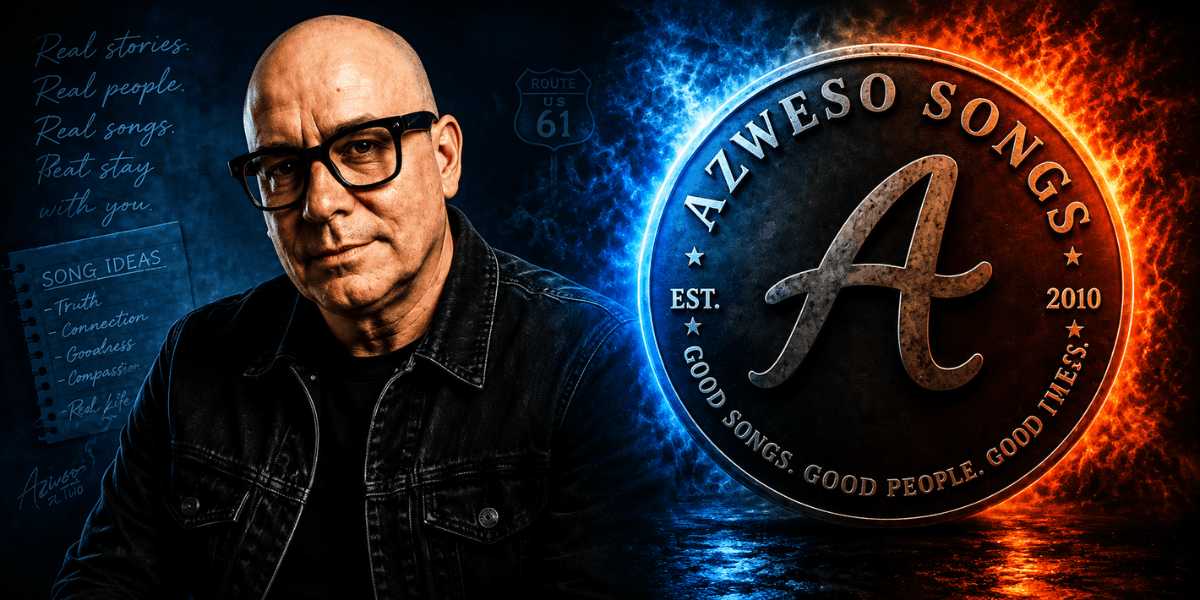 Bald man in glasses beside fiery Azweso Songs logo promoting nostalgic storytelling music.