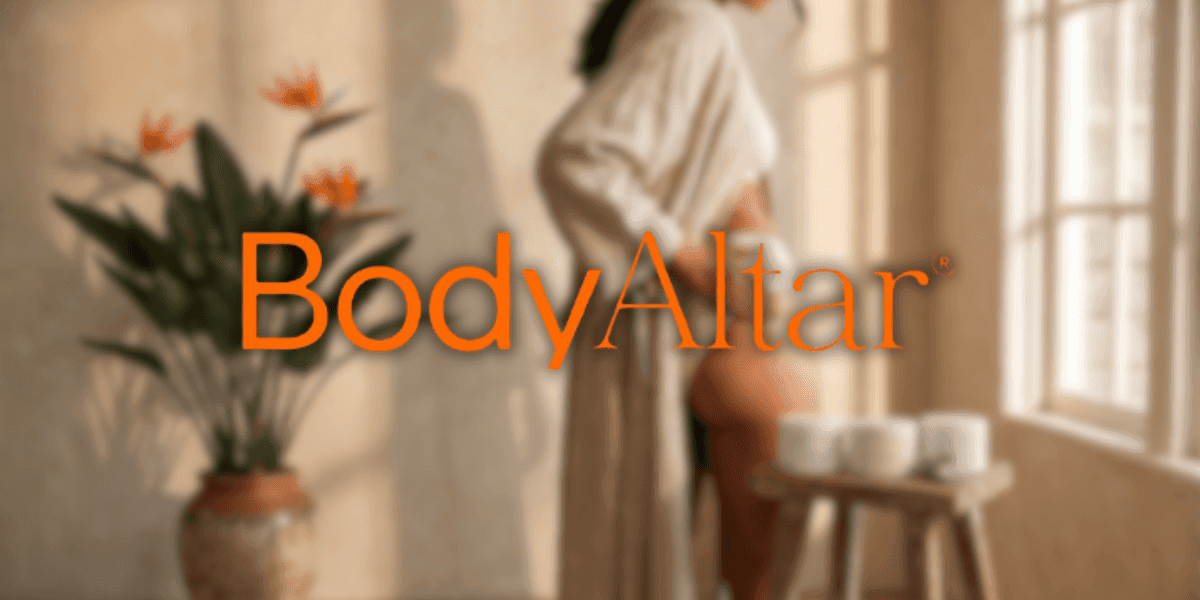 Woman practicing mindful self-care beside BodyAltar branding in a warm, serene wellness-inspired interior.