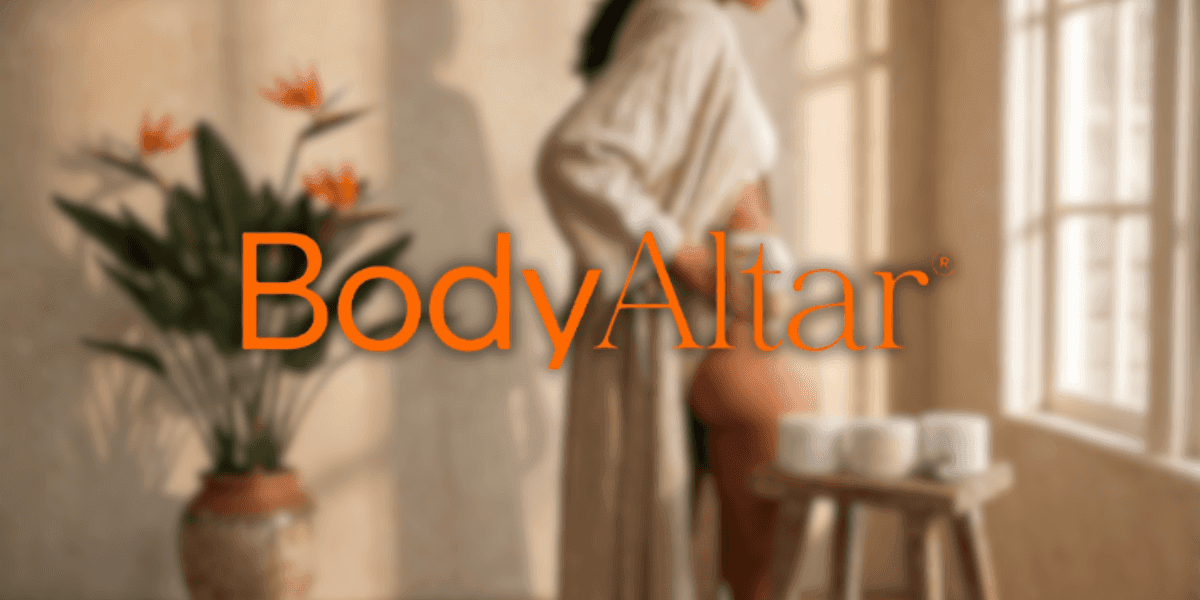 Woman practicing mindful self-care beside BodyAltar branding in a warm, serene wellness-inspired interior.