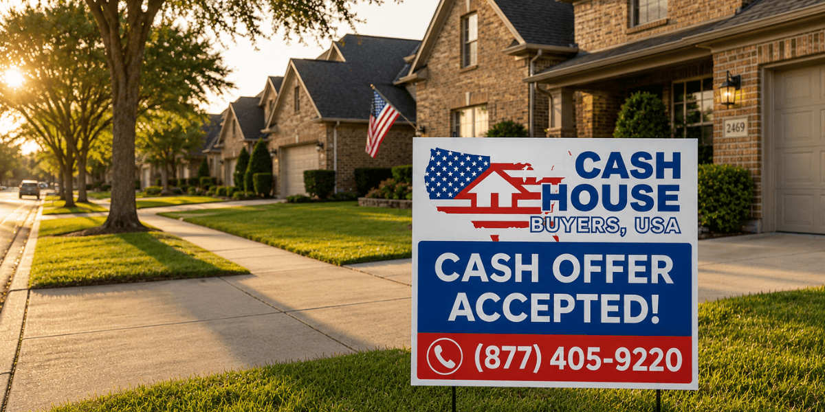 Cash House Buyers USA “Cash Offer Accepted” sign displayed outside suburban neighborhood homes at sunset.