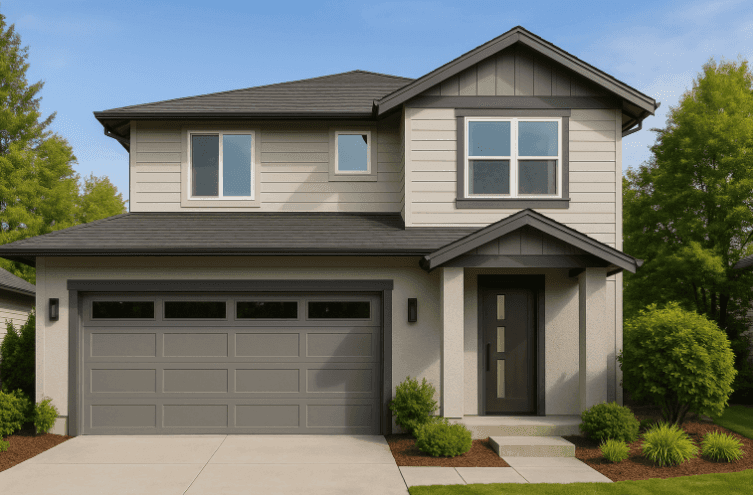 Modern two-story house with a sleek design, featuring a large front porch, a dark-colored garage door, and landscaped greenery on both sides of the driveway. The home has a contemporary aesthetic with large windows and clean architectural lines.