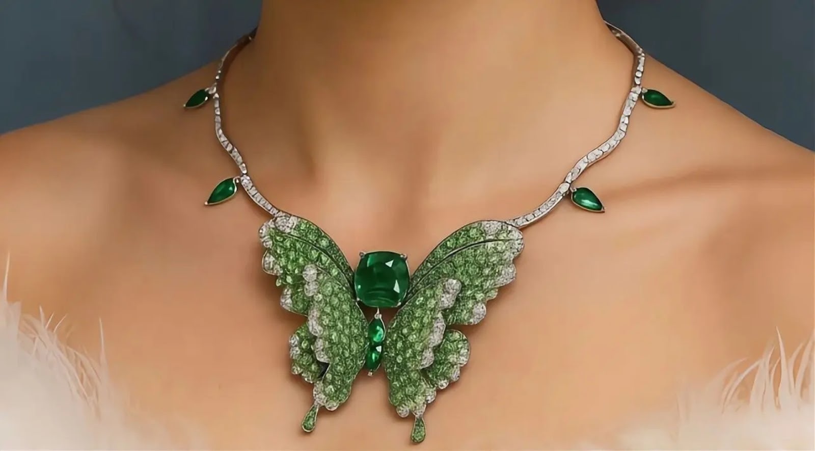 "Elegant green butterfly necklace from Azzallure, showcasing bespoke luxury with ethically sourced diamonds and personalized craftsmanship."