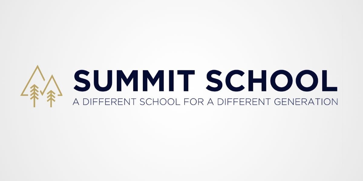 Summit School logo with two gold mountains, evergreen trees, and bold "SUMMIT SCHOOL" text on a white background.