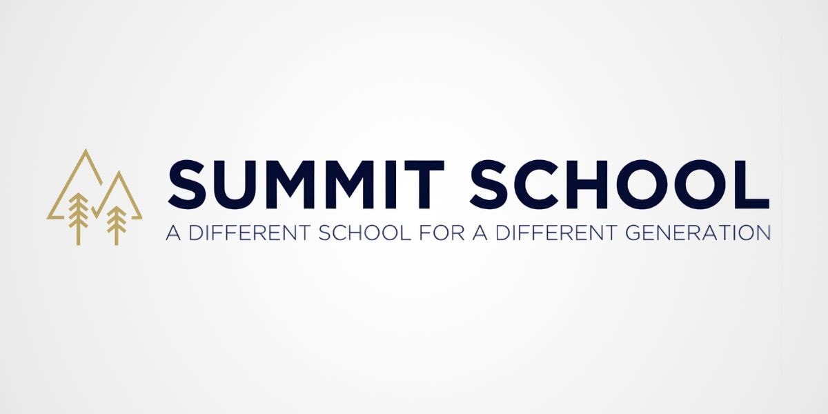 Summit School logo with two gold mountains, evergreen trees, and bold "SUMMIT SCHOOL" text on a white background.