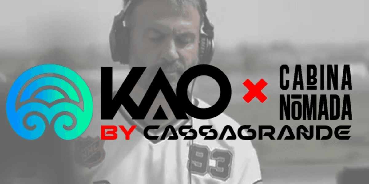 Logo of Kao Music Festival collaboration with Cabina Nomada featuring DJ Cassagrande performing in headphones against blurred outdoor background scene.