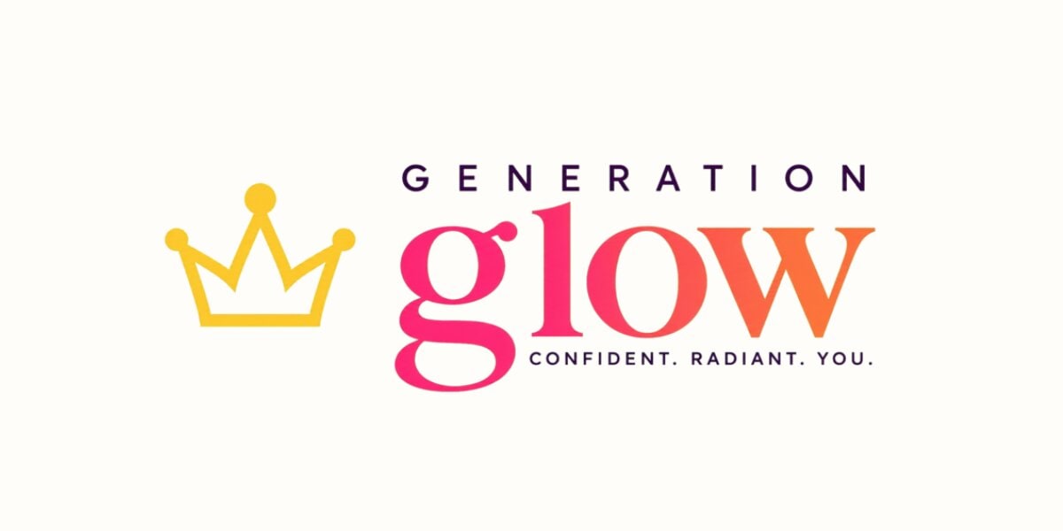 Generation Glow logo with a gold crown and the tagline "Confident. Radiant. You."