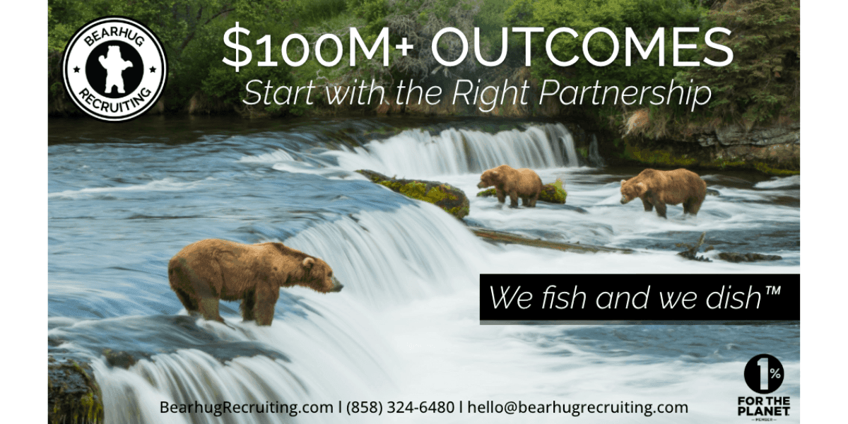 Image ALT Text Generator said: Three bears fishing in a river, promoting Bearhug Recruiting’s $100M+ outcomes and executive placement success.