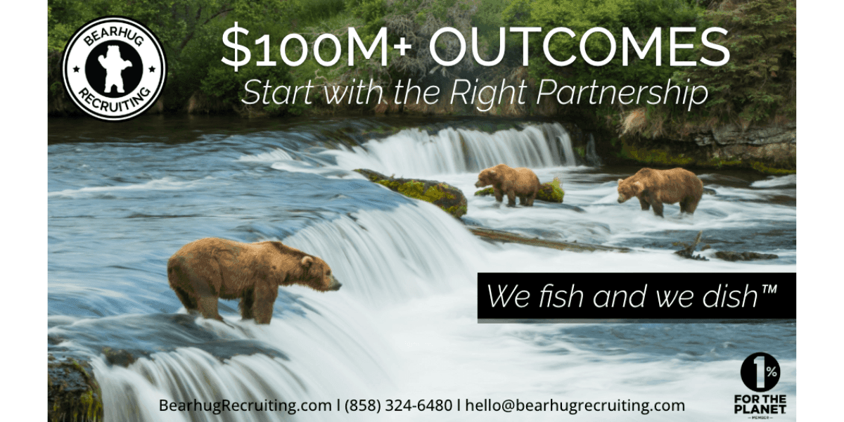 Image ALT Text Generator said: Three bears fishing in a river, promoting Bearhug Recruiting’s $100M+ outcomes and executive placement success.