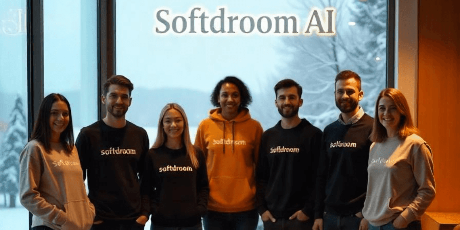 Softdroom AI team posing together in a bright office with snow-covered trees outside. The team members, wearing branded sweatshirts, smile for the photo while standing next to the Softdroom AI logo.