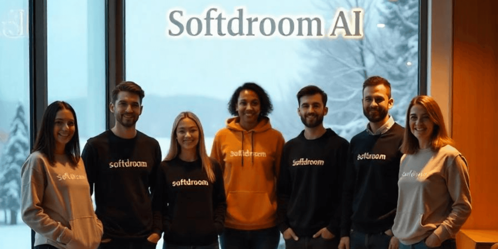 Softdroom AI team posing together in a bright office with snow-covered trees outside. The team members, wearing branded sweatshirts, smile for the photo while standing next to the Softdroom AI logo.
