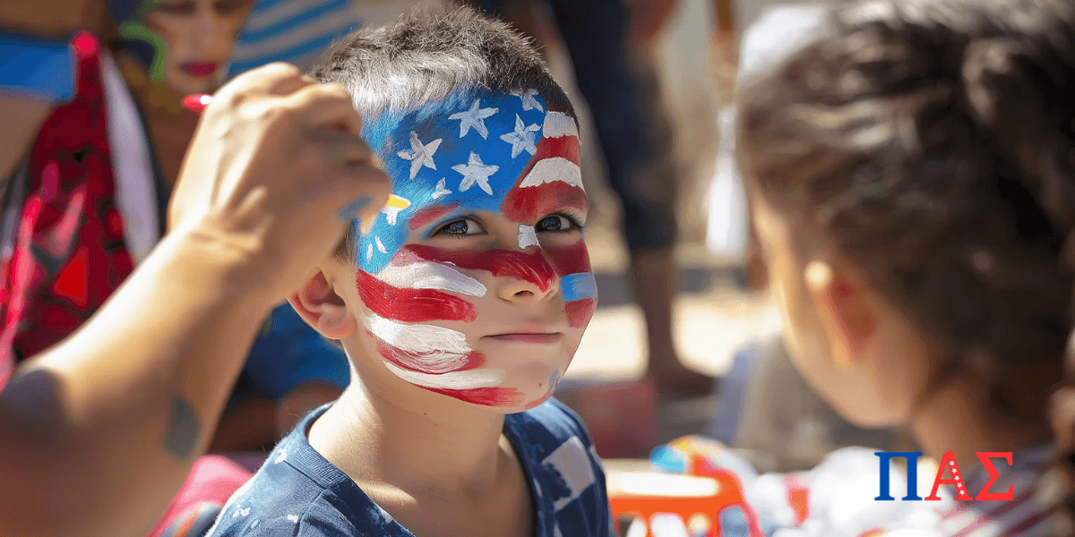 A child with patriotic face paint participates in a Pi Alpha Sigma event promoting youth leadership and veterans' causes.
