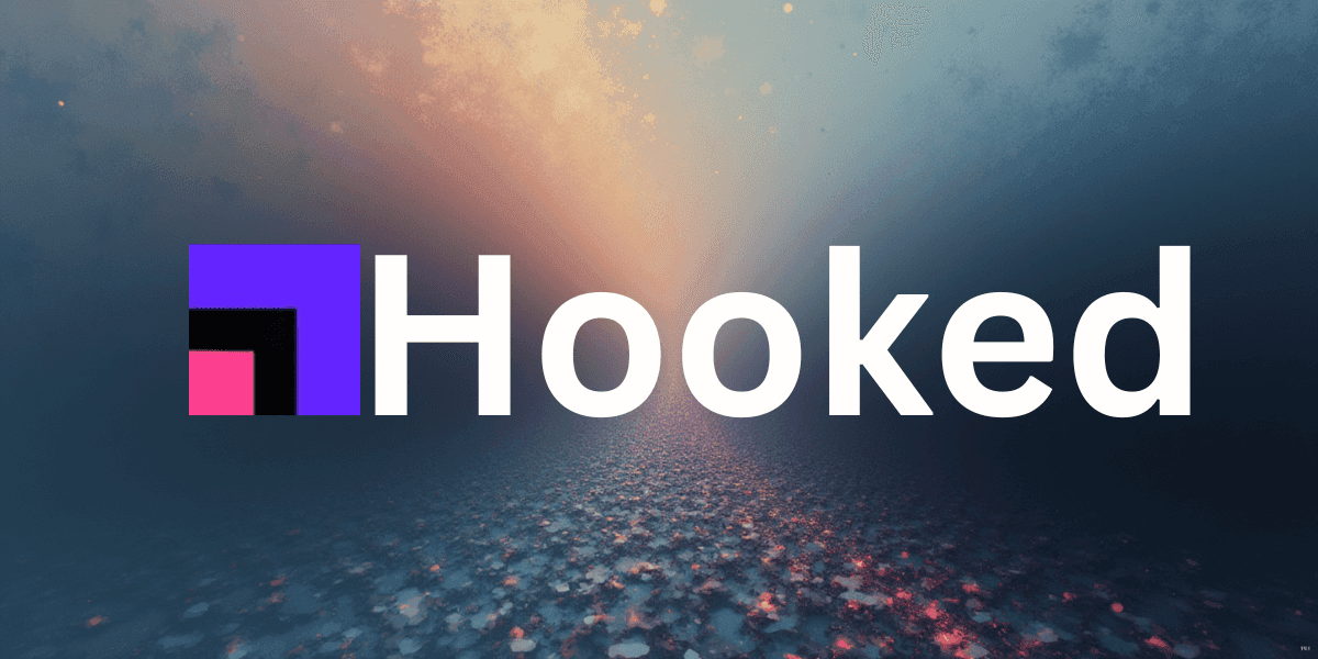 "Hooked logo with a creative, AI-powered platform backdrop, showcasing the ease and speed of video content creation."