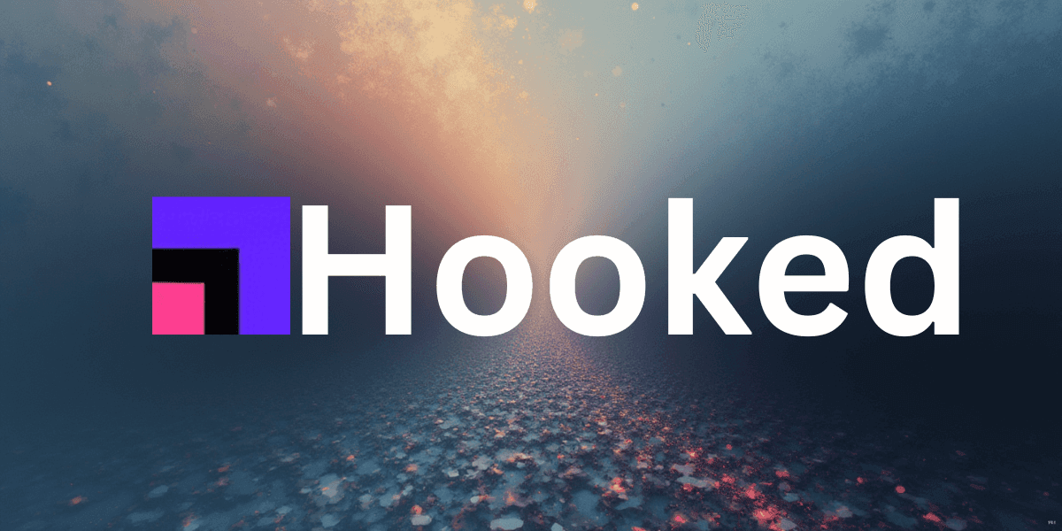 "Hooked logo with a creative, AI-powered platform backdrop, showcasing the ease and speed of video content creation."