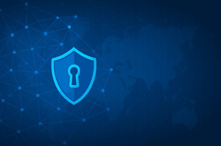 A digital security icon featuring a blue shield with a keyhole symbol, representing cybersecurity and data protection. The background is a blue gradient with a world map outline and binary code, emphasizing the theme of global digital security and online safety.