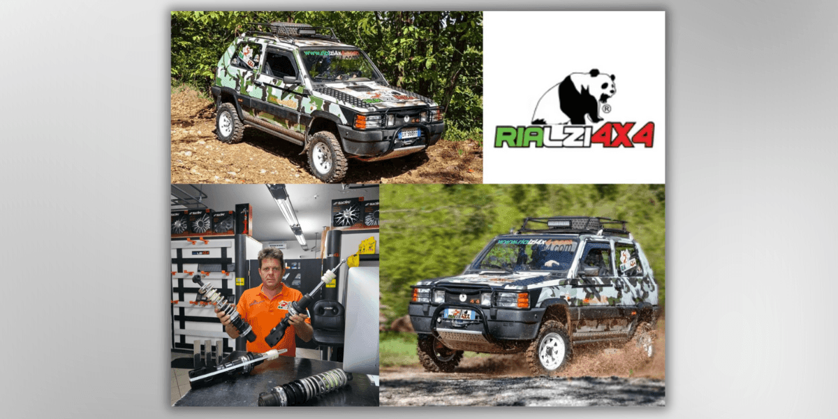 a modified 4x4 vehicle from Rialzi4x4, featuring off-road suspension parts, with a mechanic holding the custom suspension shock absorber in a workshop and the vehicle in action on rough terrain. The Rialzi4x4 logo is also displayed prominently.