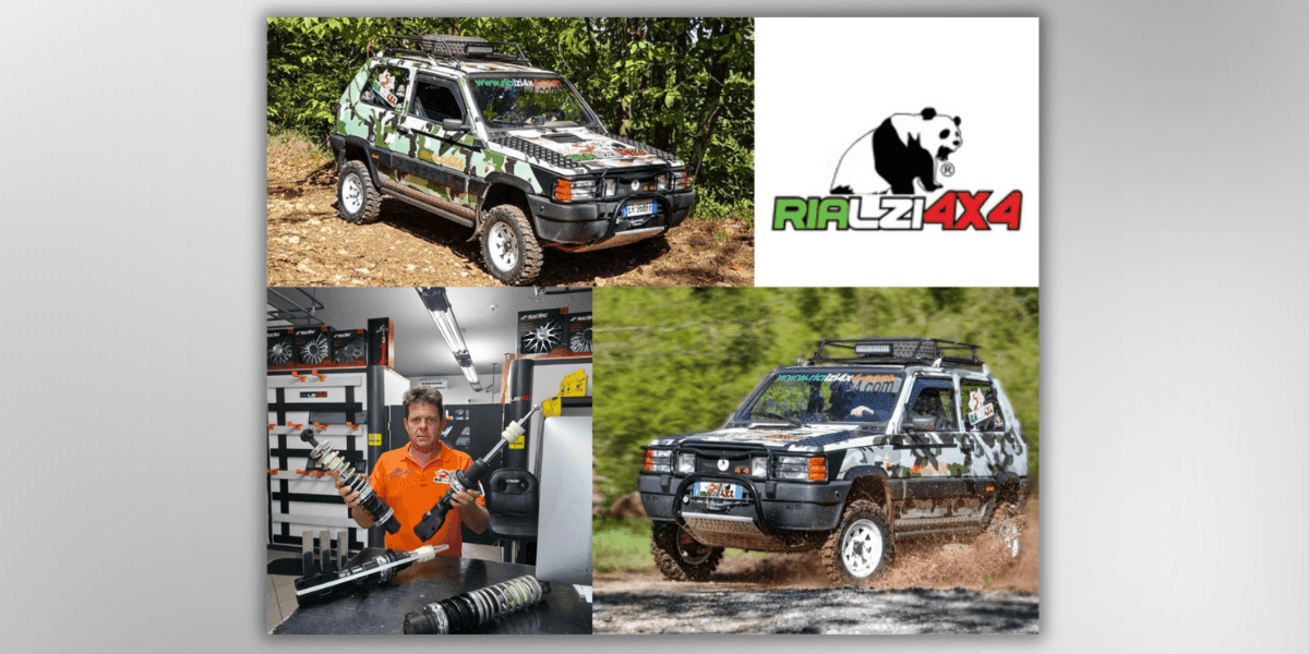 a modified 4x4 vehicle from Rialzi4x4, featuring off-road suspension parts, with a mechanic holding the custom suspension shock absorber in a workshop and the vehicle in action on rough terrain. The Rialzi4x4 logo is also displayed prominently.