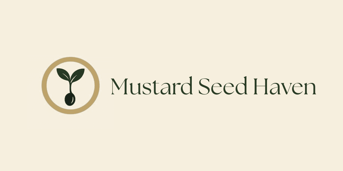 Mustard Seed Haven logo featuring a green sprouting seed inside a gold circle.