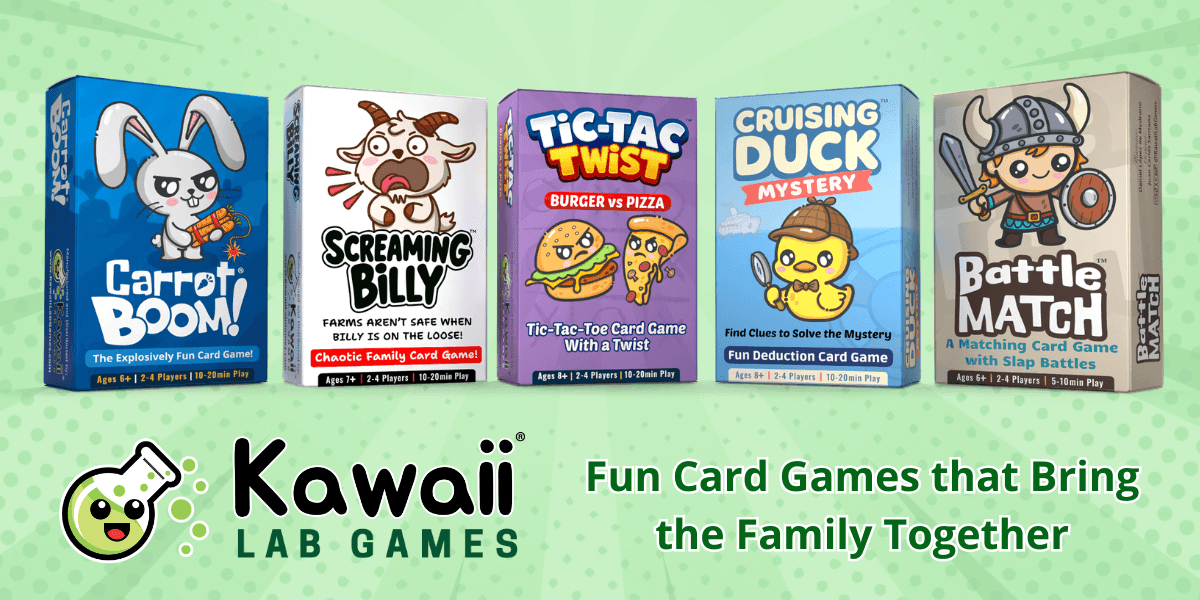 Five Kawaii Lab Games card games, including Carrot Boom! and Tic-Tac Twist, displayed with fun, colorful, family-friendly designs.