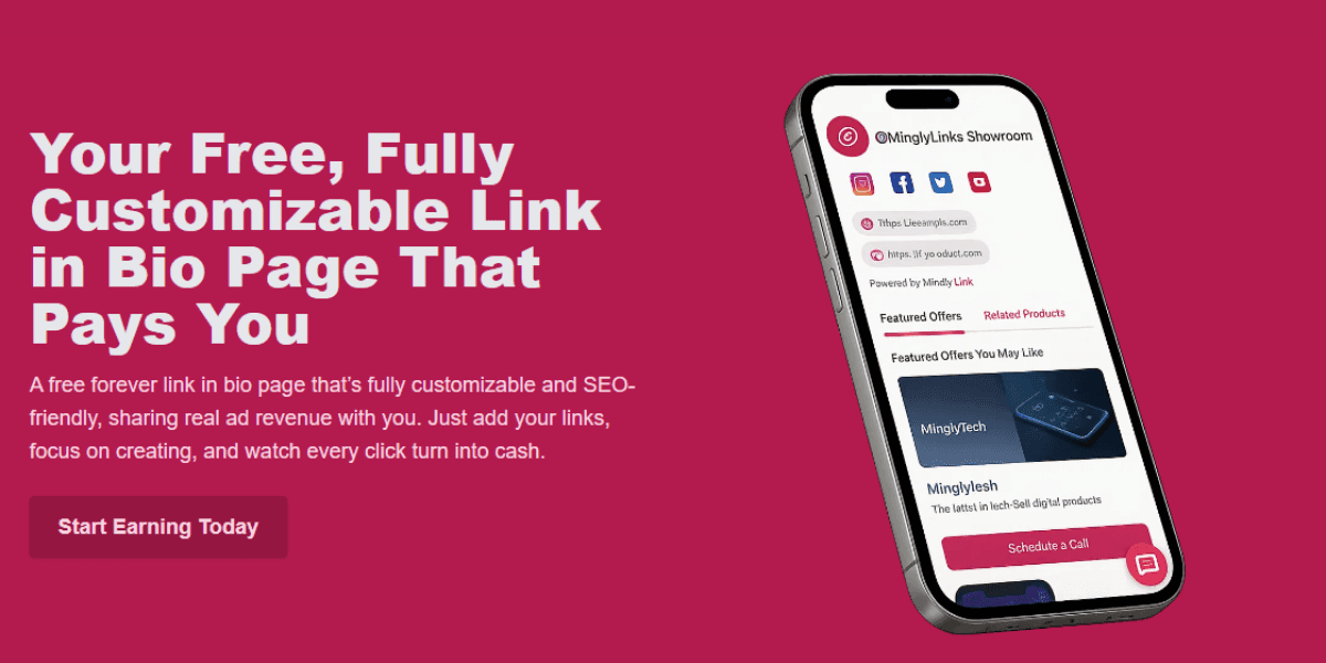 Screenshot of MinglyLink's customizable link-in-bio interface with performance metrics and affiliate options.