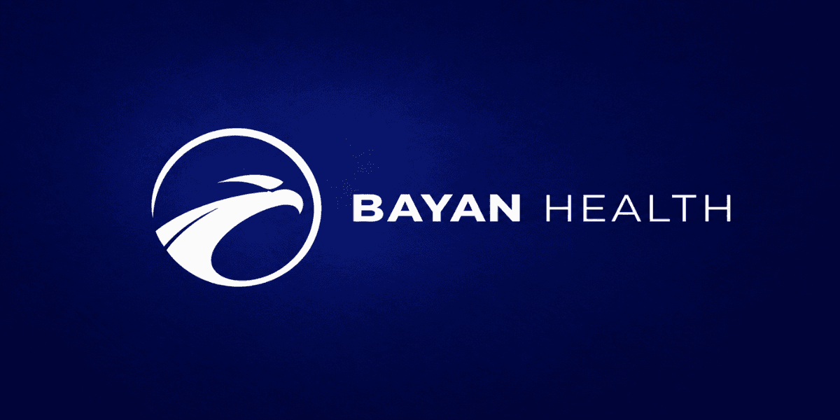 Bayan Health white eagle logo and company name displayed on a dark blue background.