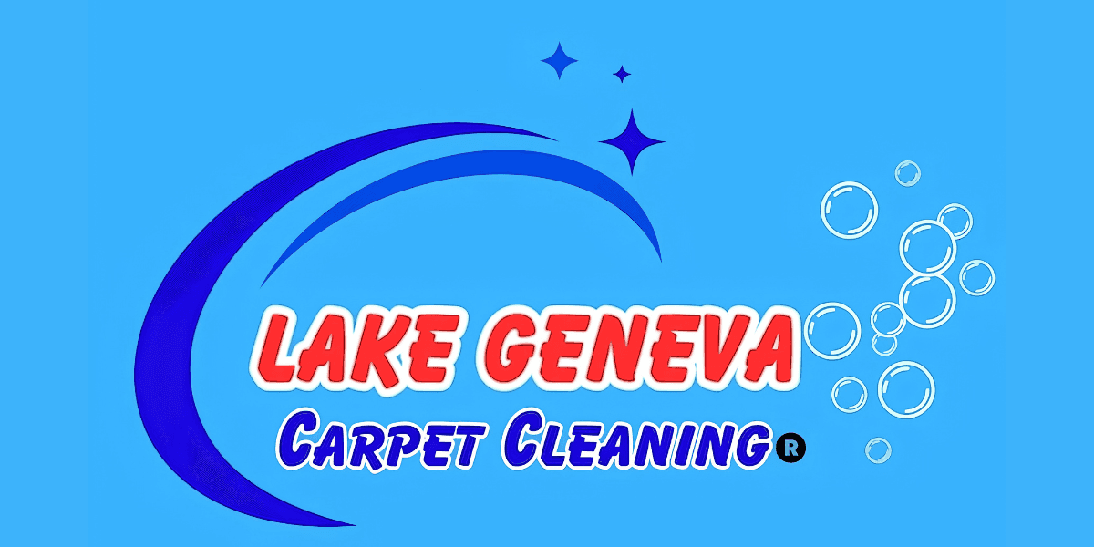 Lake Geneva Carpet Cleaning logo with blue swoosh, bubbles, and bold red-and-blue company name.