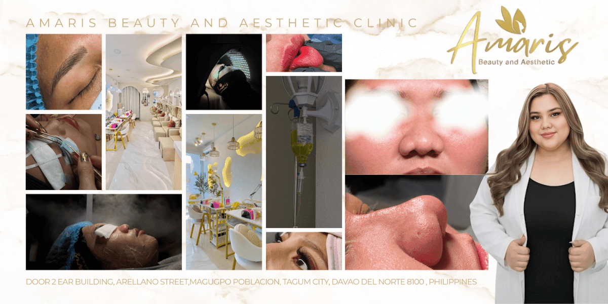 "Amaris Beauty and Aesthetic Clinic collage showcasing advanced treatments, modern facility, and founder Ruanne Uy Gandeza leading the team."