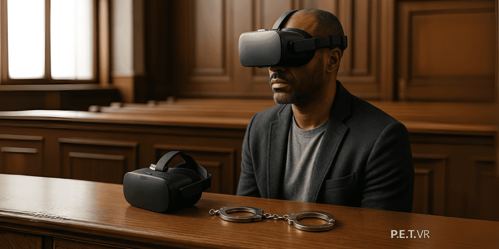 A man in a courtroom participates in a VR empathy training program aimed at rehabilitating offenders.
