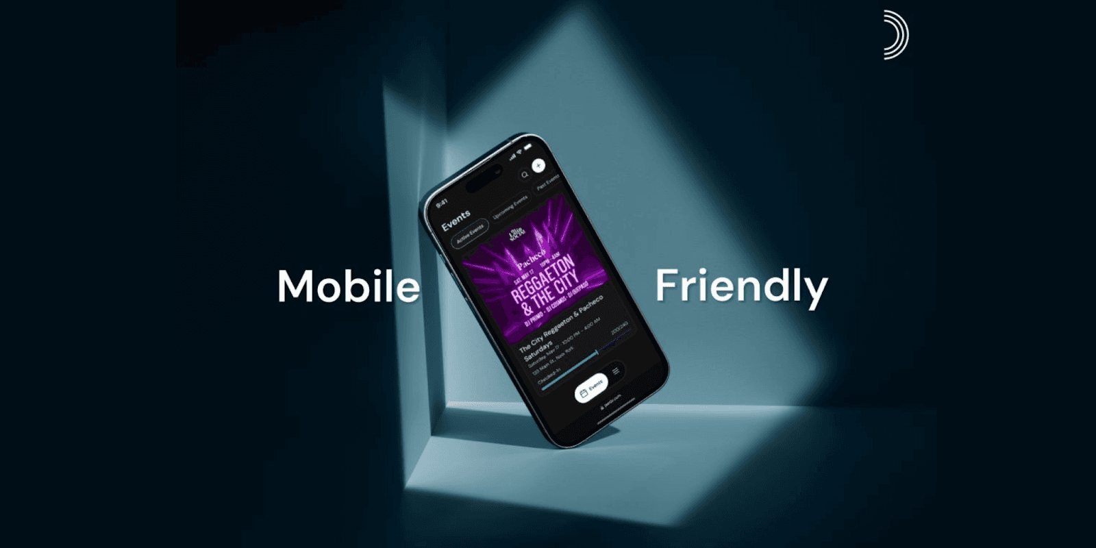 Mobile phone displaying an event page with the text 'Mobile Friendly' next to it, emphasizing ease of use for event organizers.