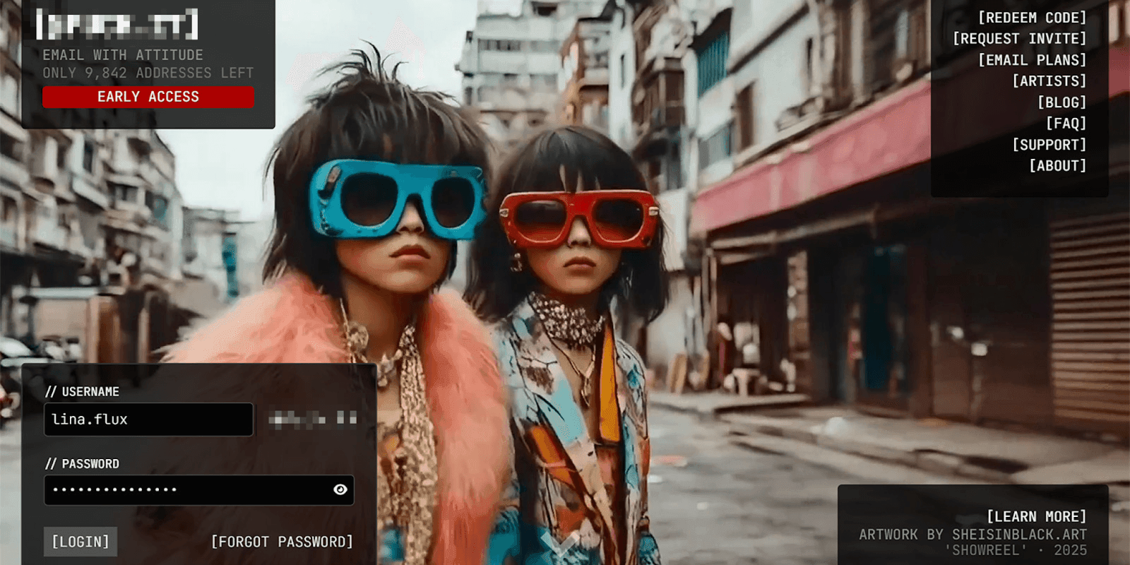 Two fashion-forward individuals with oversized sunglasses, representing the unique, bold, and cultural approach of the email service fuck.it.