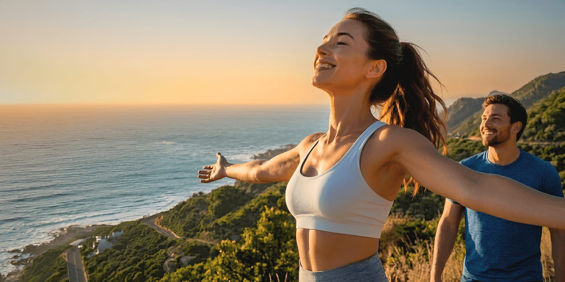 A woman joyfully stretches her arms out on a scenic cliffside, with the ocean and sunrise in the background. A man stands behind her, smiling.